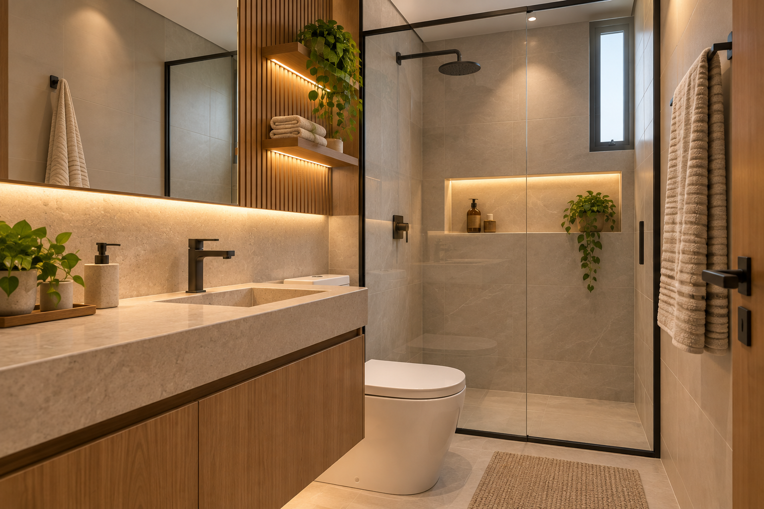 Conceito FER de banheiro contemporâneo com planejamento e acabamento funcional